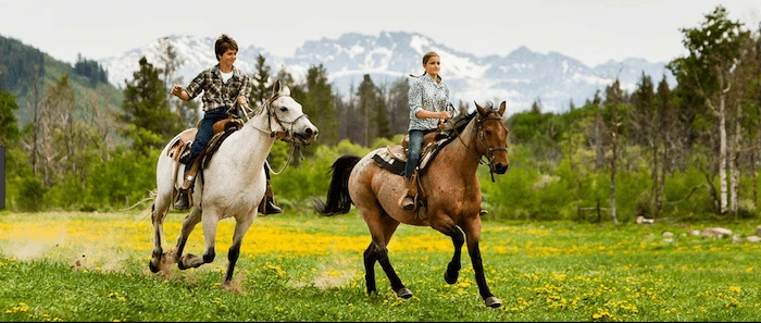 Confident plus-size woman riding Leigh on Sea a horse through a field with a smile on her face.